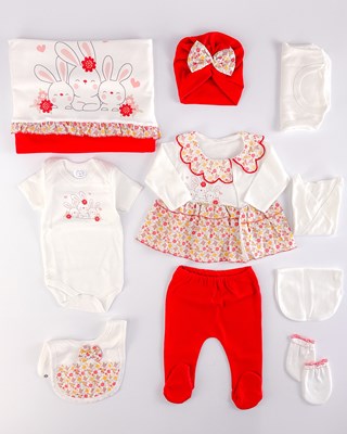 Sevimli tavşanlar desenli çiçek fırfır detaylı Yenidoğan 10lu 03 Ay Uyumlu kız Hastane Çıkış Seti 