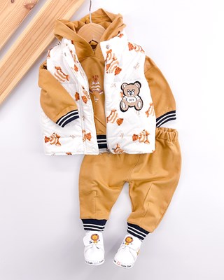 Toy bear şişme yelekli kapüşonlu tarz 3lü mevsimlik erkek bebe takım 