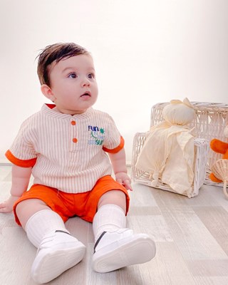 Hakim yaka çizgili müslin 2li şortlu yazlık bebe takım 