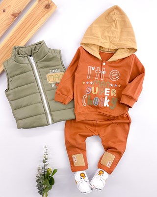 Little man yelekli kapüşon sweatli mevsimlik 3lü bebe takım 