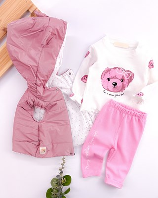 Play together girl kapüşon şişme yelekli waffle alt üst takımlı mevsimlik 3lü set 