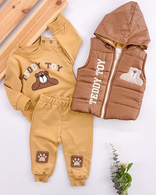 Teddy toy nakış kapüşon yelekli mevsimlik 3 lu bebe takım 