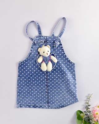 Oyuncak ayılı puantiye desenli  kız kot bebe elbise