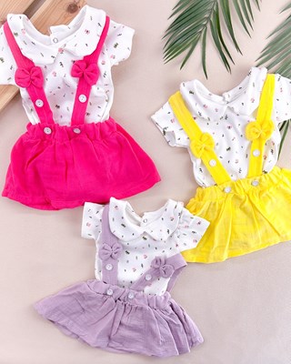 Çiçek badili muslin salopet etekli yazlık 2li bebe takım 