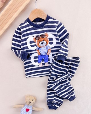 Şerit detaylı ayıcık baskılı bisiklet yaka pijama takımı 