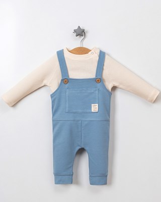 Born to be wıld ahşap düğme detaylı salopet tshırt mevsimlik 2li set 