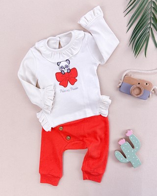 Prenses panda nakışlı fırfır kollu mevsimlik 2li takım 