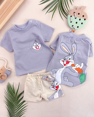 Bugs bunny baskılı omuzdan çıtçıtlı şortlu yazlık 2li takım 