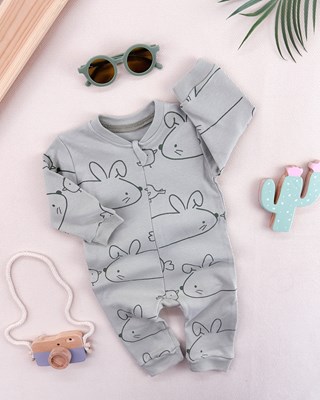 Minik tavşan desenli gizli boydan fermuarlı mevsimlik bebe tulum 