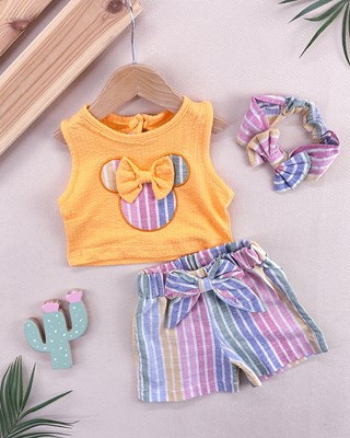 Renkli şeritli minnie bandanalı yazlık 3lü takım 