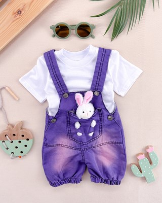 Çıkarılabilir tavşan oyuncaklı 2li kot salopet set 