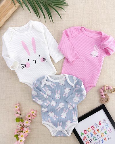 Tavşan desen ribana kumaş alttan çıtçıtlı 3lü badi set 