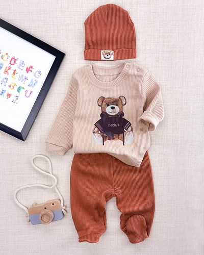 Cool ayıcık ribana kumaş ayaklı alt ve bere mevsimlik 3lü takım 