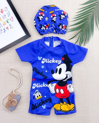 Mickey mouse arkadan fermuarlı kollu boneli erkek bebek mayosu