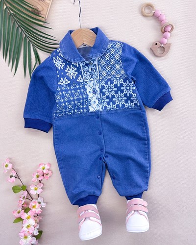 Etnik desen boydan çıtçıtlı likralı mevsimlik kot tulum 