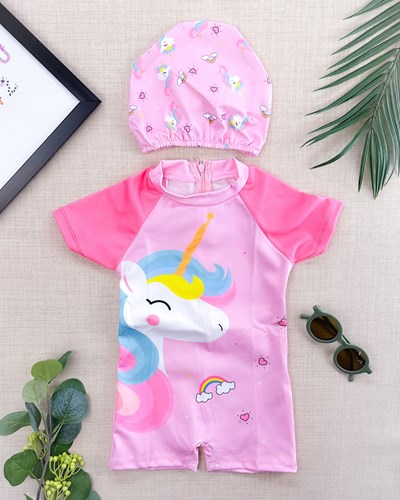 Gökkuşağı unicorn arkadan fermuarlı kısa kol boneli kız mayo 