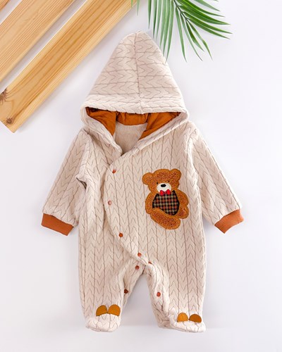 Ayıcık nakış detaylı boydan çıtçıtlı Kapşonlu kışlık bebe Tulum 