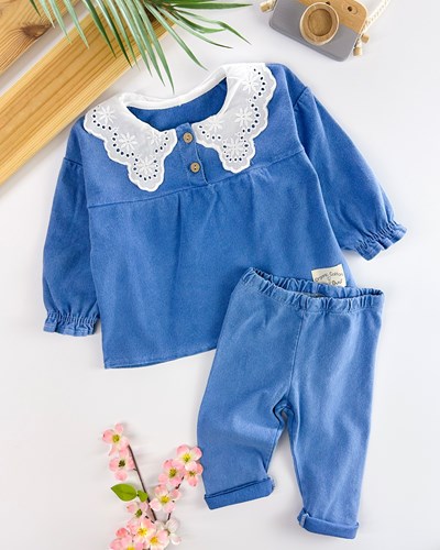 Fisto yaka detaylı ahşap düğmeli esnek ince örme kot mevsimlik 2li takım 