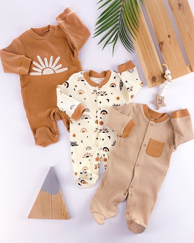 Güneş desen çıtçıtlı ribana kumaş mevsimlik 3lü ayaklı tulum set