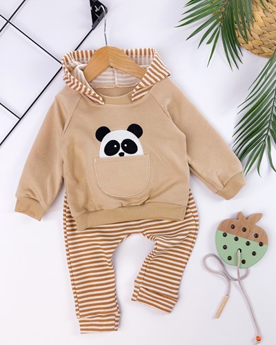 Minik sahte panda cepli kapüşonlu üst çizgili tarz altlı mevsimlik 2li takım 