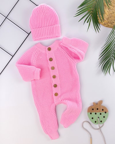 Selanik örgülü ahşap düğmeli bereli triko bebe tulum 