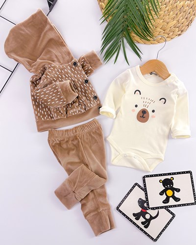 Minik çizikler kadife hırkalı ayıcık badili 3lü bebe takım 