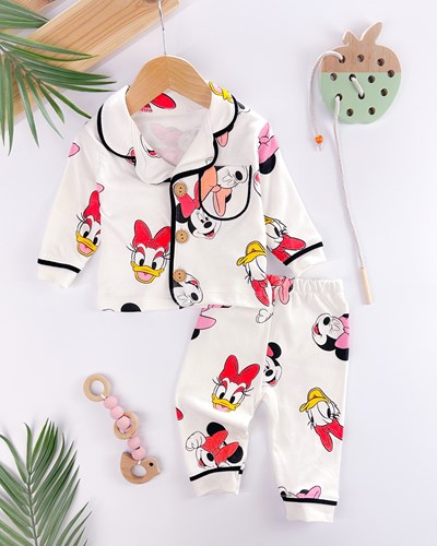 Minnie and Daisy baskılı bebe yaka pijama takımı 