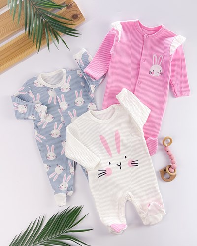 Rabbit desen ribana kumaş boydan çıtçıtlı ayaklı mevsimlik 3lü tulum set 