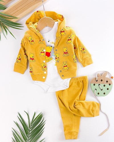 Winnie the pooh baskılı ribana hırkalı çıtçıt badili mevsimlik 3lü takım