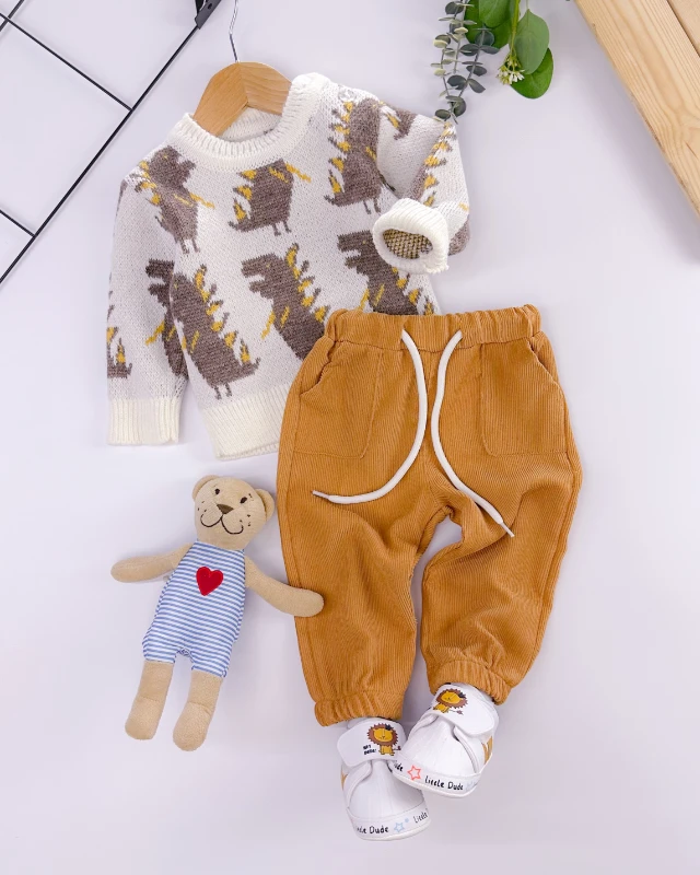 Cordoba omuzdan düğmeli triko kışlık kazaklı 2li bebe takım 