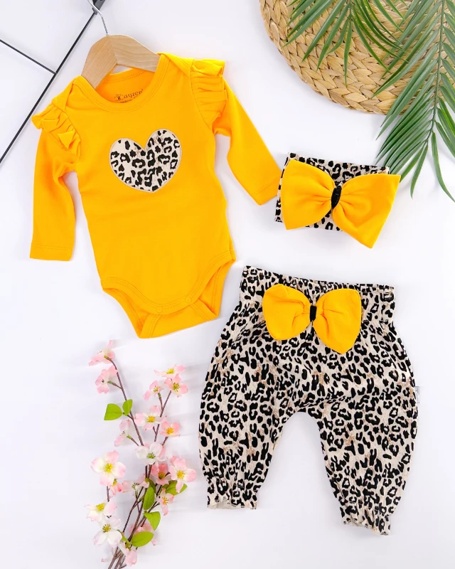 Leopar kalp detaylı alttan çıtçıt badili mevsimlik 3lü bebe takım 
