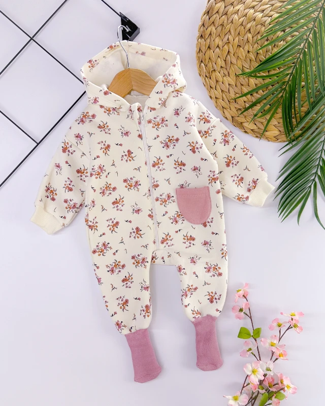 Minik çiçekler kendinden çoraplı boydan fermuarlı şardonlu kışlık bebe tulum 