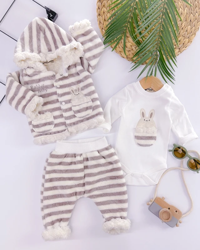 Rabbit baby çizgili welsoft hırkalı çıtçıt badili kışlık 3lü takım 