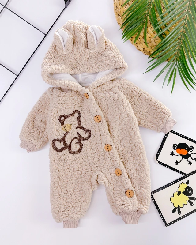 Relax bear önden düğmeli kapüşonlu welsoft kışlık bebe tulum 