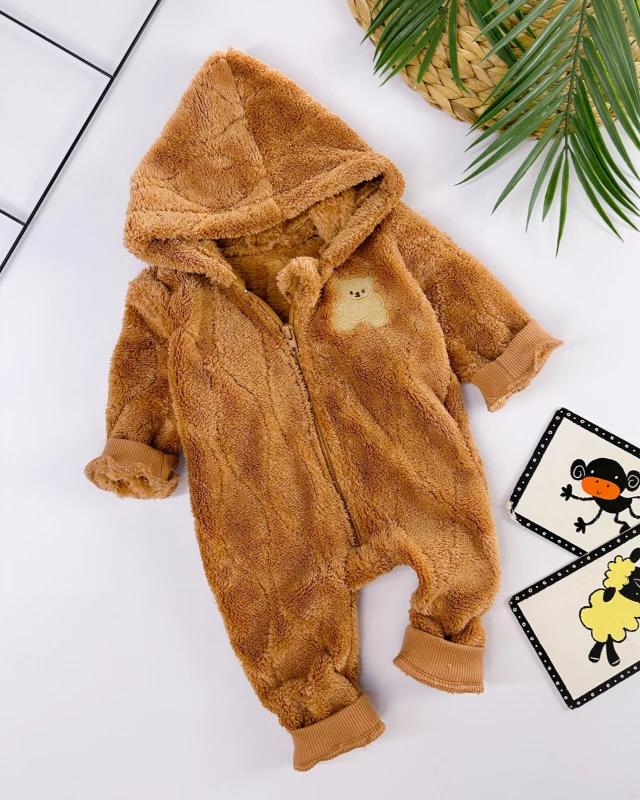 Small bear kapüşonlu önden fermuarlı welsoft kışlık bebe tulum 