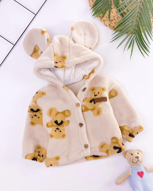Toy bear desen önden ahşap düğmeli kapüşonlu welsoft kışlık bebe mont