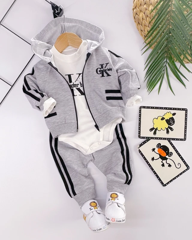 Şerit Detaylı Kapüşonlu hırkalı çıtçıtlı badi mevsimlik 3lü bebe takım 
