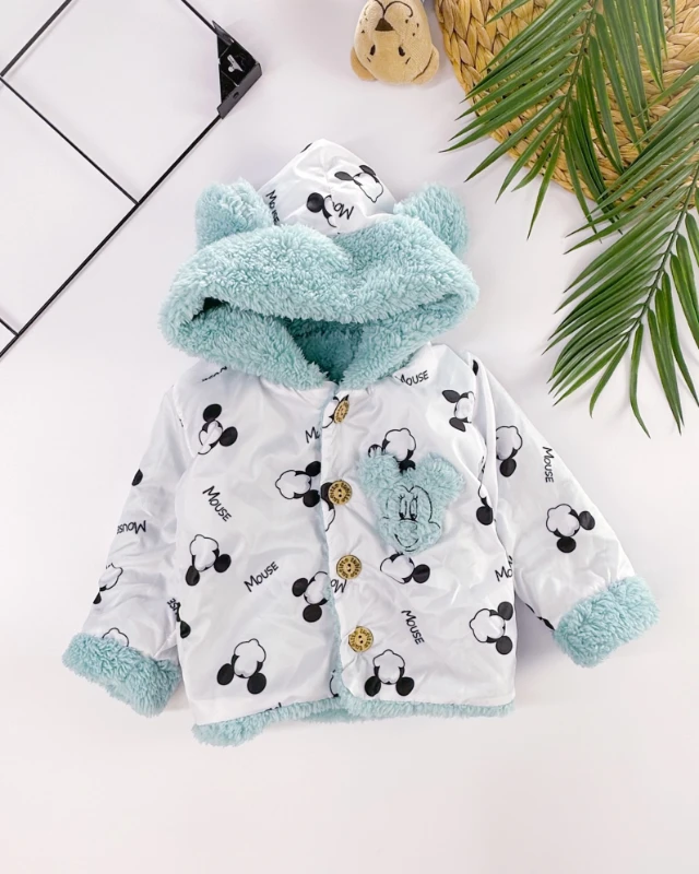 Welsoft mickey armalı kapüşonlu önden düğmeli bebe mont