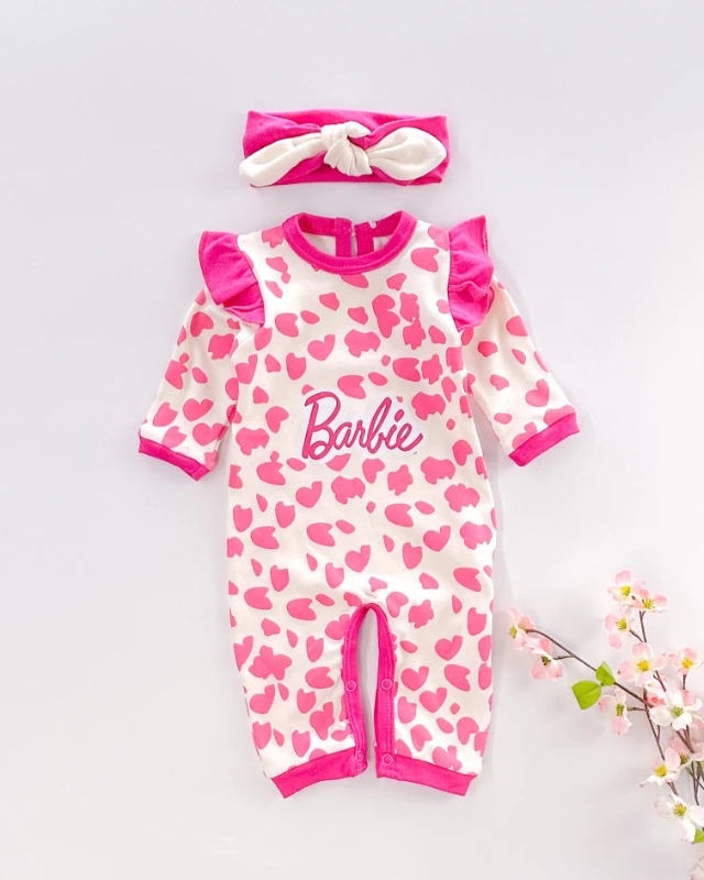 Barbie kalp desen alttan çıtçıtlı fiyonk bandanalı mevsimlik tulum set 