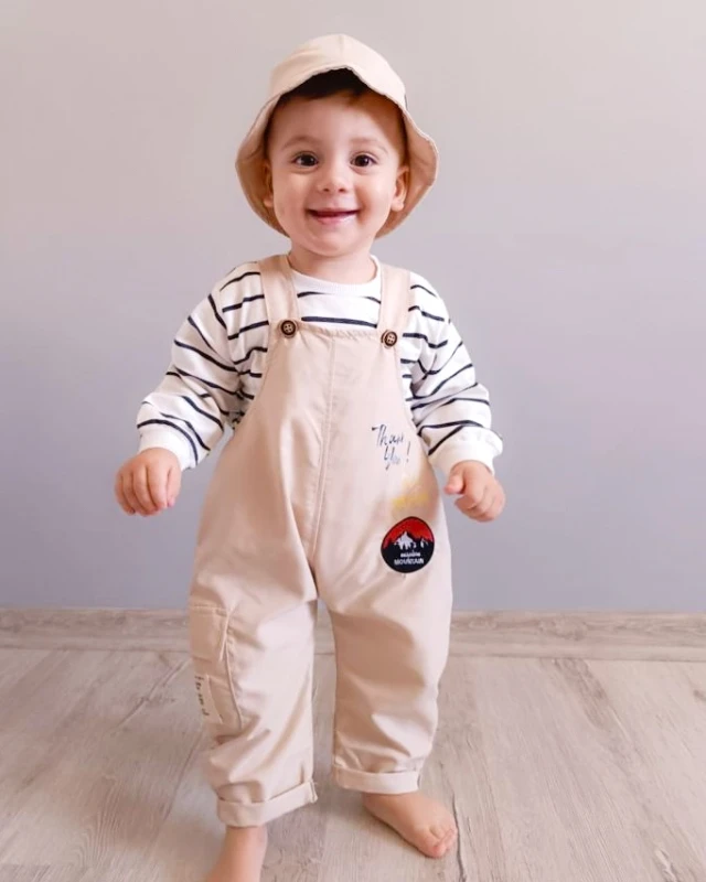 Thank  you çizgili tshırtlü şapkalı mevsimlik salopet set 