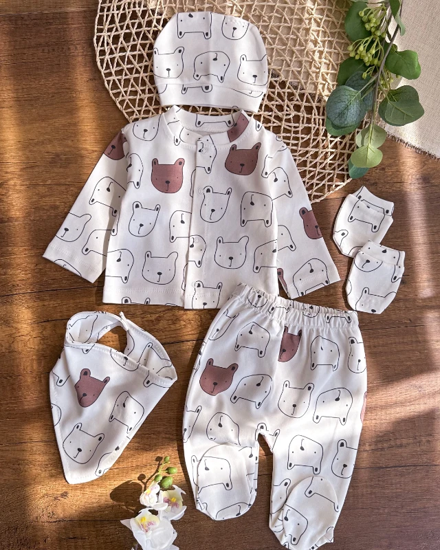 Baby Bear desen önden çıtçıtlı mevsimlik yenidoğan 5li set 