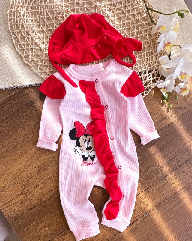 Fırfırlı Minnie mouse boydan çıtçıtlı mevsimlik 2li tulum set 