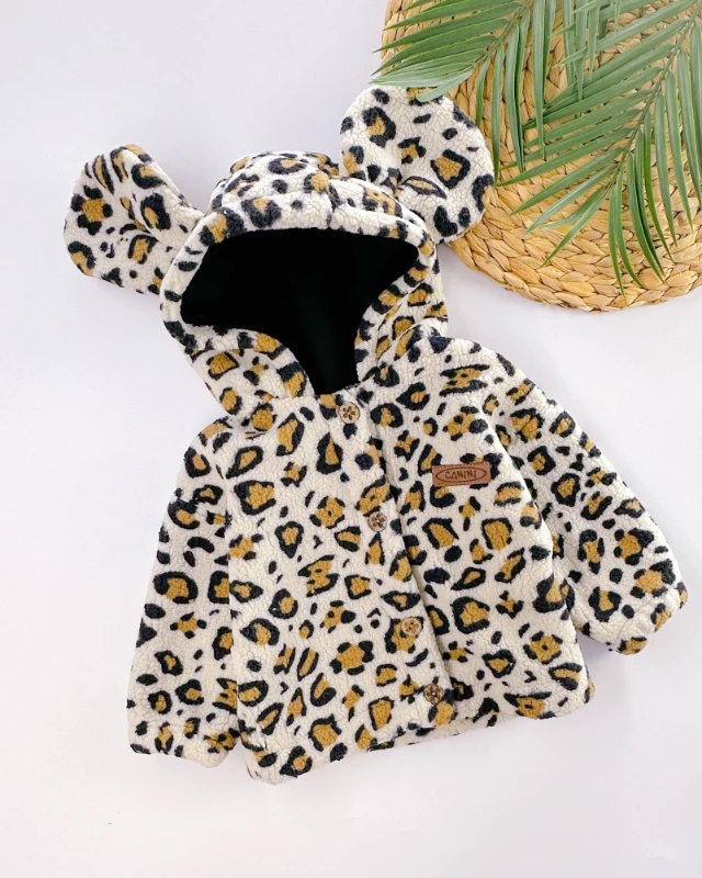 Kulak detay kapüşonlu leopar desenli welsoft bebe mont