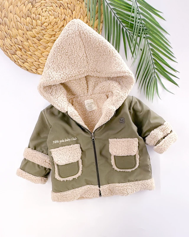 Peluş detay kapüşonlu içi welsoft fermuarlı bebe mont
