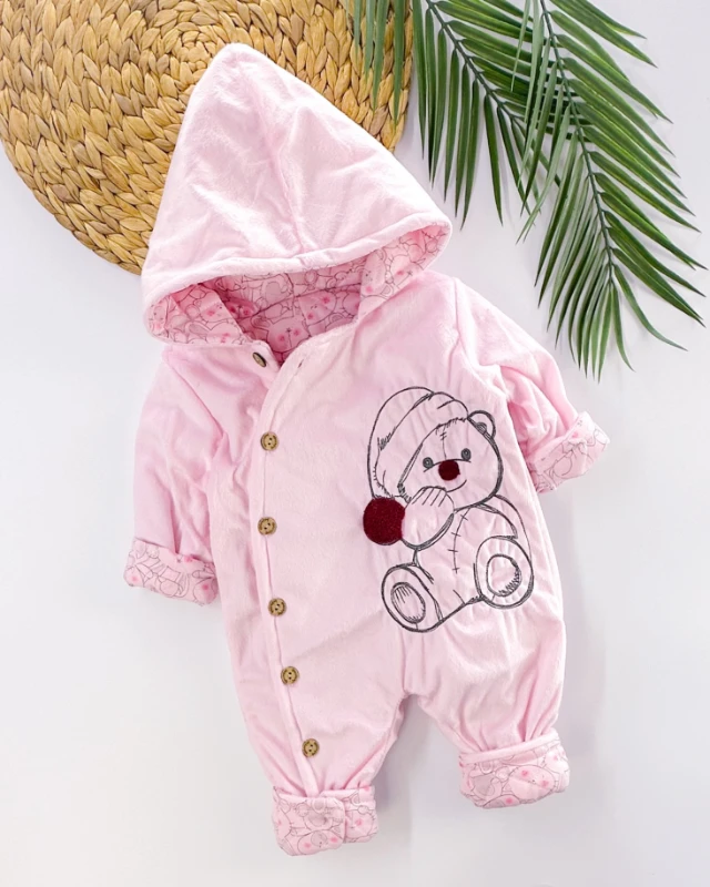 Utangaç ayıcık boydan ahşap düğmeli içi astarlı peluş bebe tulum 