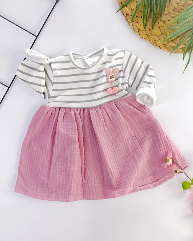 Çizgi detaylı muslin etekli mevsimlik bebe elbise 
