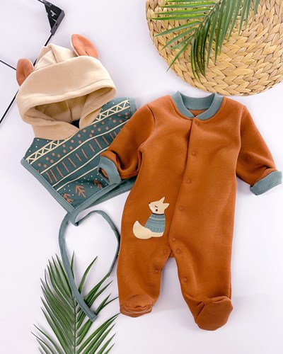 Tilki baskı detaylı çıkarılabilir kapüşonlu süveterli şardon kumaş kışlık bebe tulum 