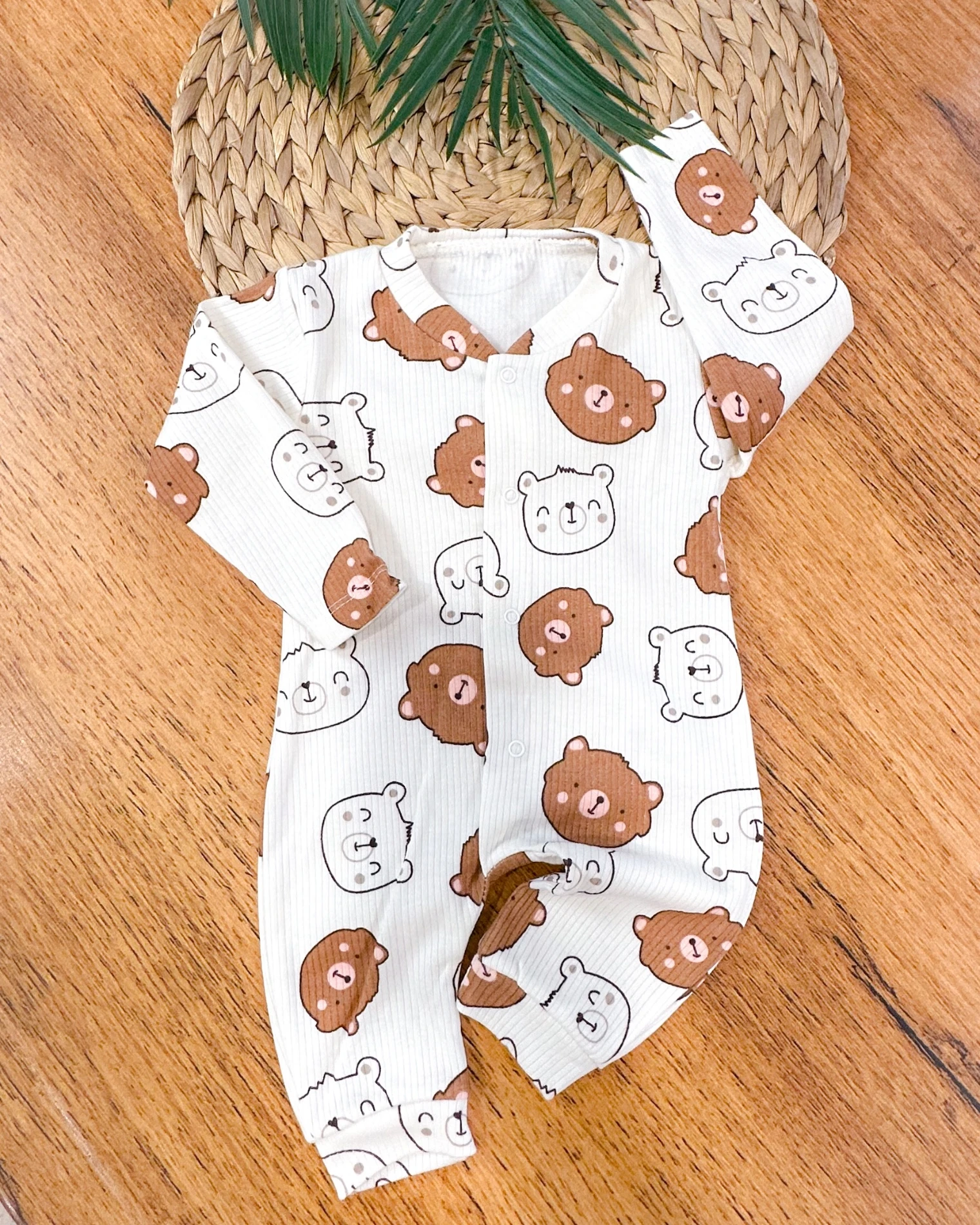Bear face boydan çıtçıtlı fitilli mevsimlik kumaş bebe tulum 