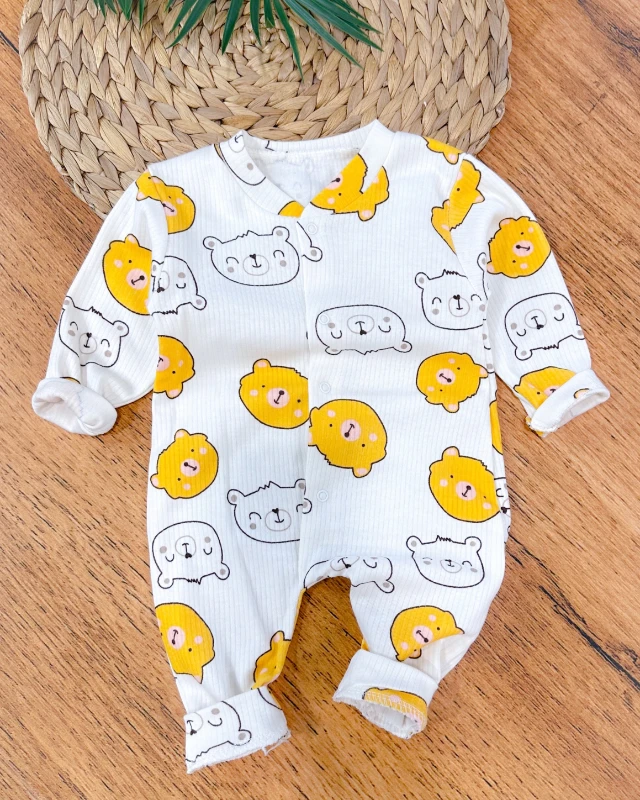 Bear face boydan çıtçıtlı fitilli mevsimlik kumaş bebe tulum 
