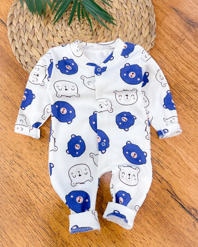 Bear face boydan çıtçıtlı fitilli mevsimlik kumaş bebe tulum 